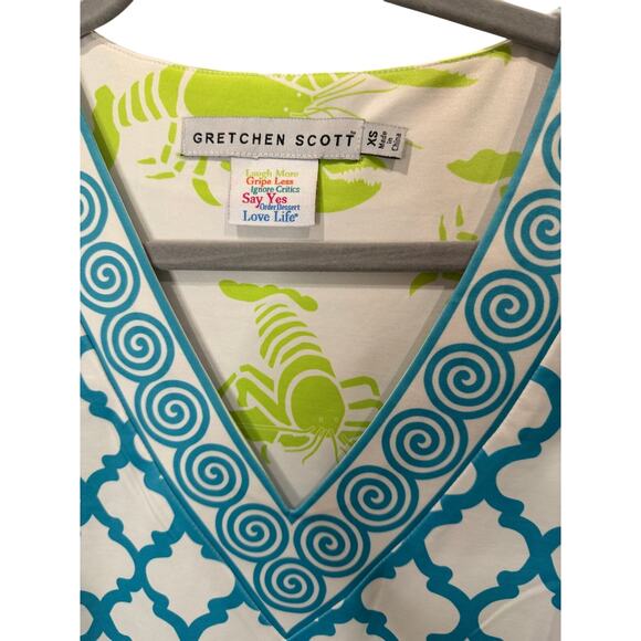 Gretchen Scott White Turquoise Print Sheath Dress XS V‑Neck 3/4 Sleeve EUC ✨ - Picture 4 of 6